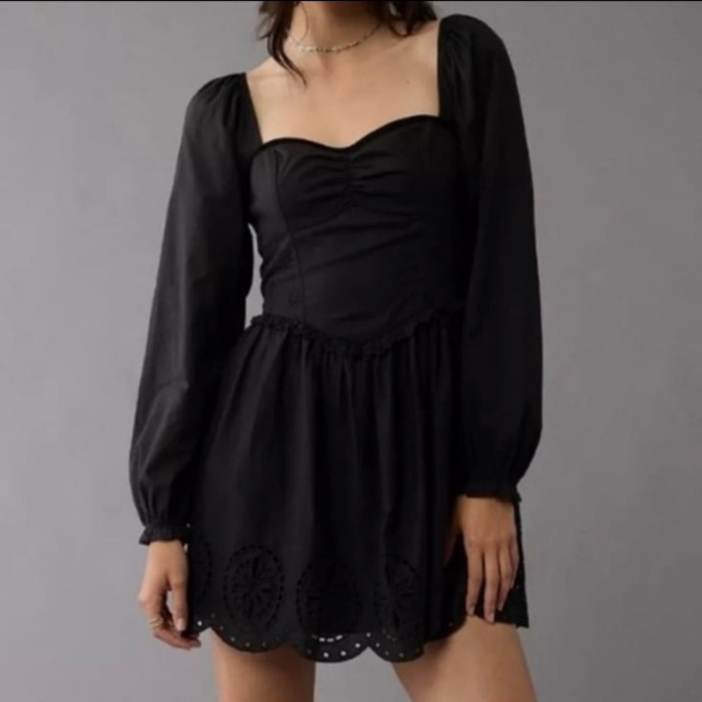 American Eagle Black Mini Dress Long Sleeve Corset Smocked Small Whimsigoth NWOT